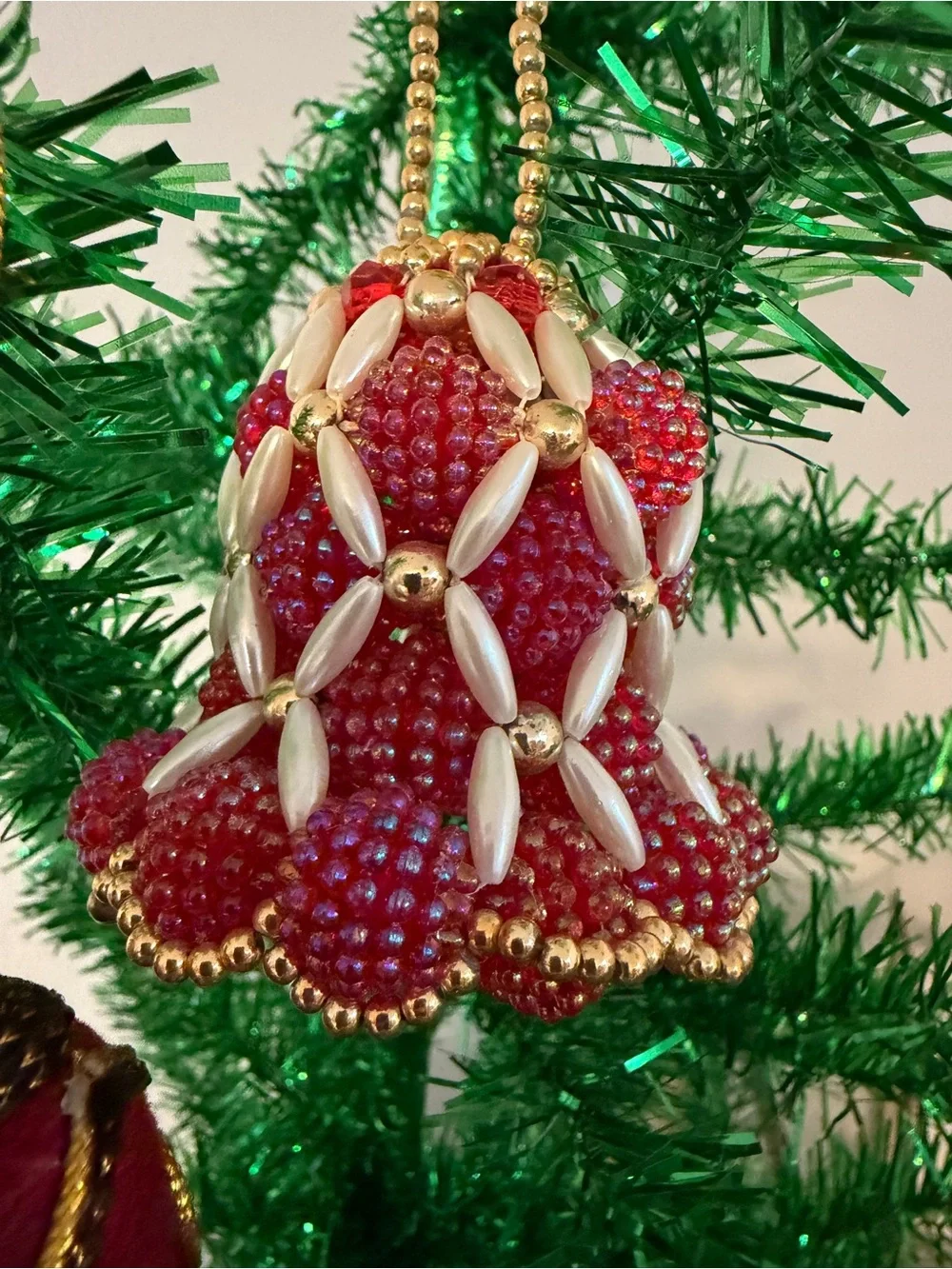 Vintage Christmas Beaded Velvet Bell Bauble Ornaments Small Red Set Of 2 Hanging